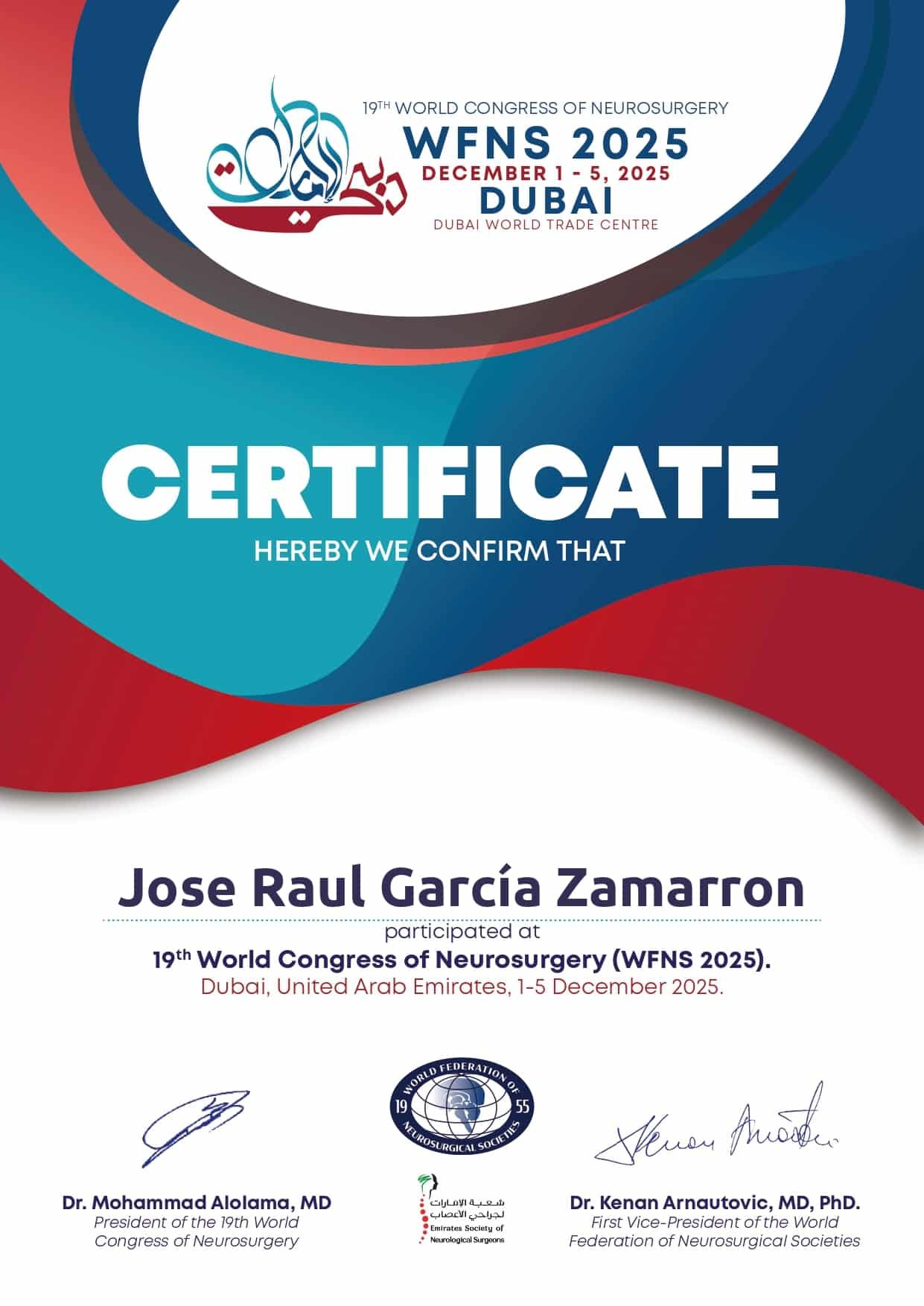 El neurocirujano José Raúl García Zamarrón participó en el 19th World Congress of Neurosurgery (WFNS 2025) en Dubái, fortaleciendo su actualización profesional en neurocirugía.